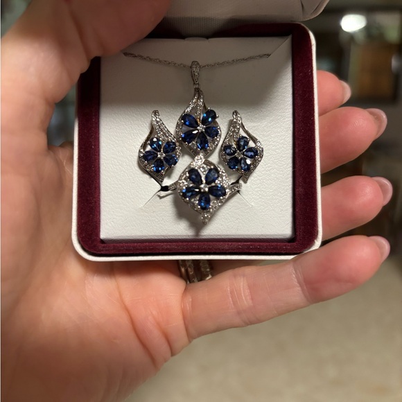 Helzberg Lab Created Blue and White Sapphire Floral Set in Sterling Silver - Picture 1 of 2